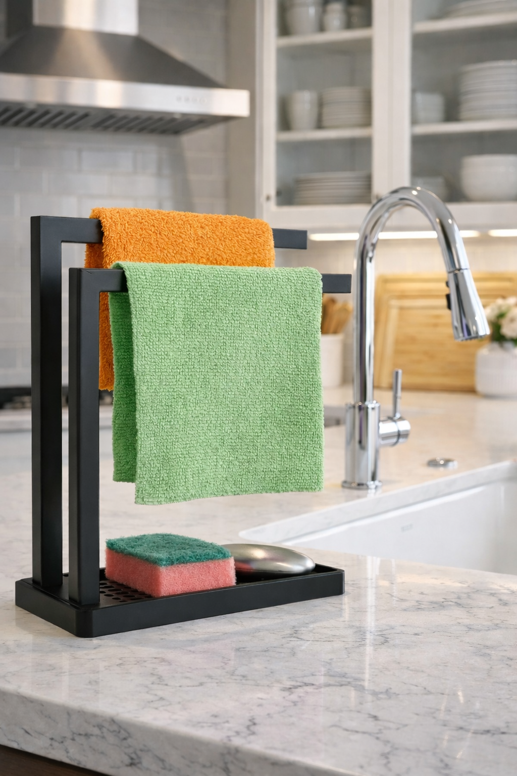 Kitchen Dish Towel Rack Standing with 2 Rods With Soap Drainage Towel Holder for Kitchen Bathroom