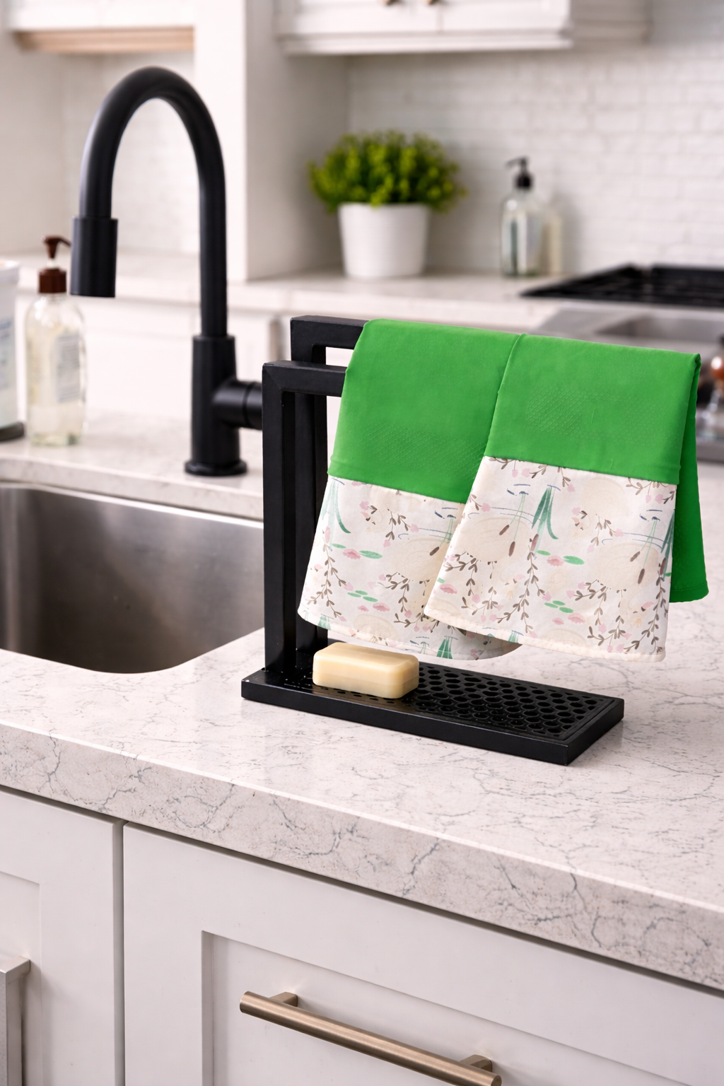 Kitchen Dish Towel Rack Standing with 2 Rods With Soap Drainage Towel Holder for Kitchen Bathroom