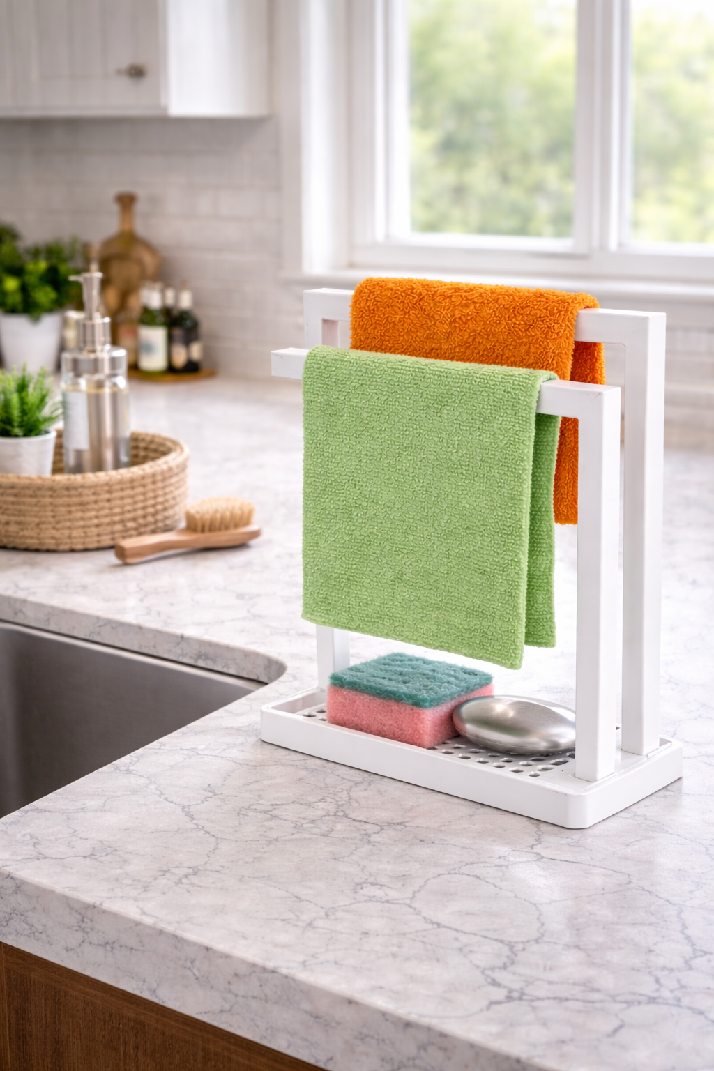 Kitchen Dish Towel Rack Standing with 2 Rods With Soap Drainage Towel Holder for Kitchen Bathroom