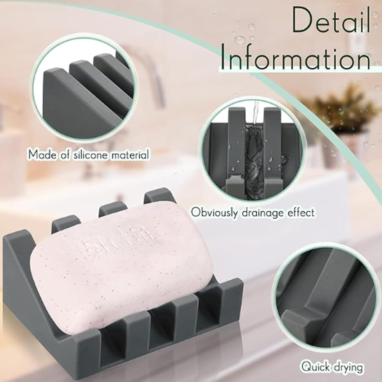 Soap Dish, Bar Soap Holder for Shower Bathroom, Kitchen, Bathtub, Self Draining Waterfall Drying Tray Keep Soap Bars Dry Clean & Easy Cleaning (Grey)