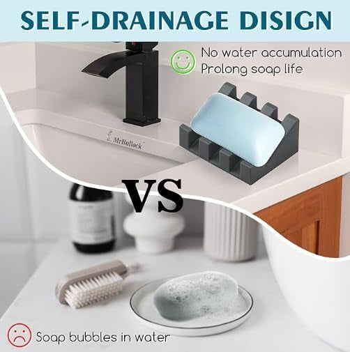 Soap Dish, Bar Soap Holder for Shower Bathroom, Kitchen, Bathtub, Self Draining Waterfall Drying Tray Keep Soap Bars Dry Clean & Easy Cleaning (Grey)
