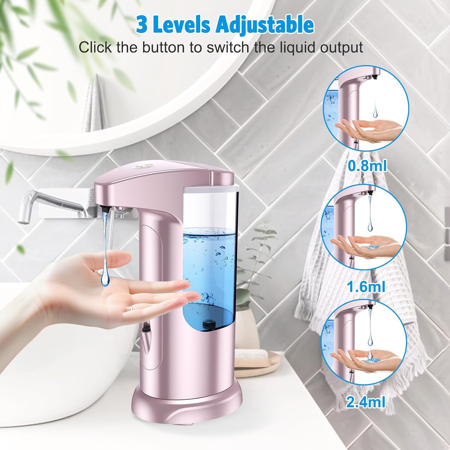 AMIR 12.5oz Touchless Automatic Soap Dispenser, Battery Operated Automatic Liquid Hand Soap Dispenser, Adjustable Volume, Water-Resistant for Kitchen and Bathroom,Pink