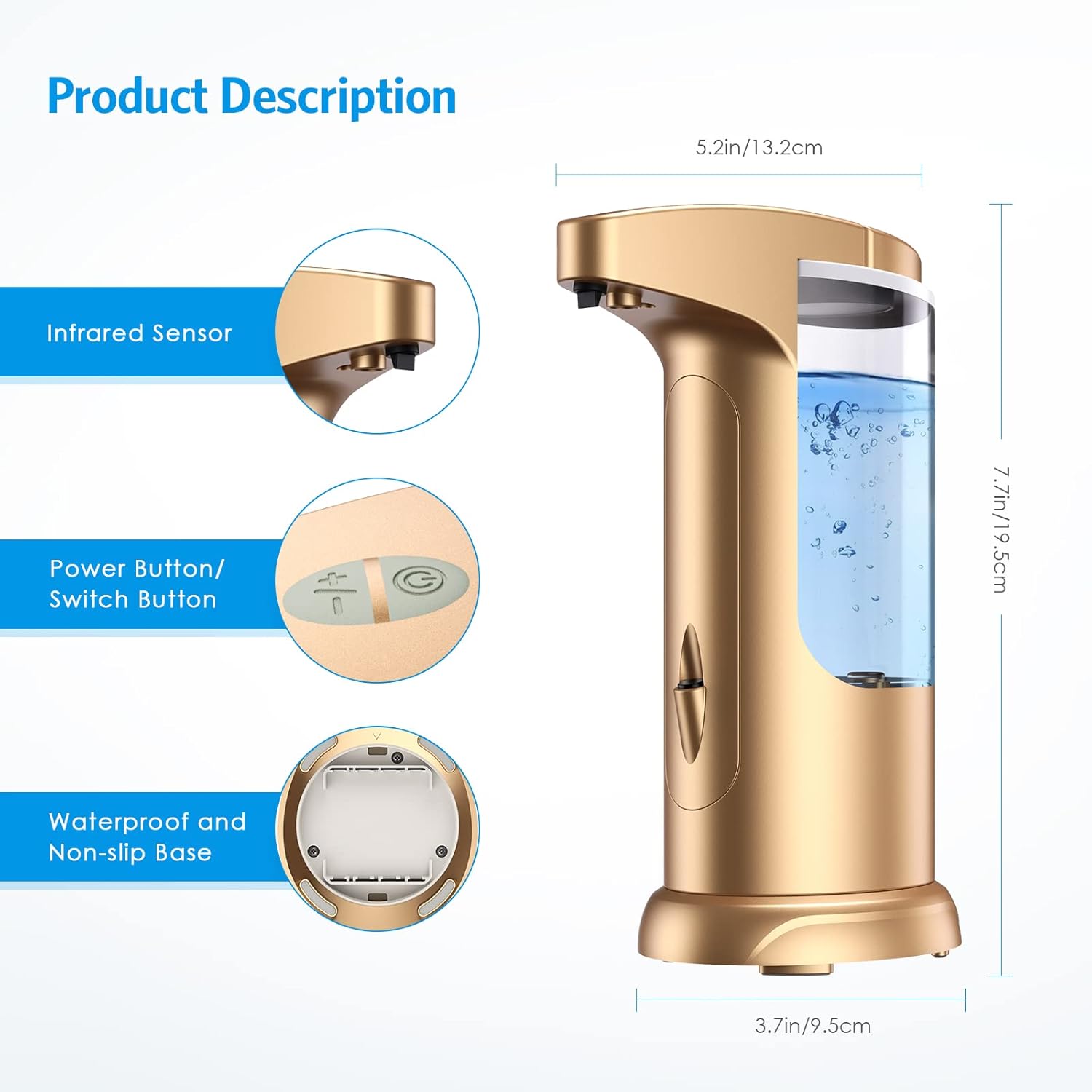 AMIR 12.5oz Touchless Automatic Soap Dispenser, Battery Operated Automatic Liquid Hand Soap Dispenser, Adjustable Volume, Water-Resistant for Kitchen and Bathroom
