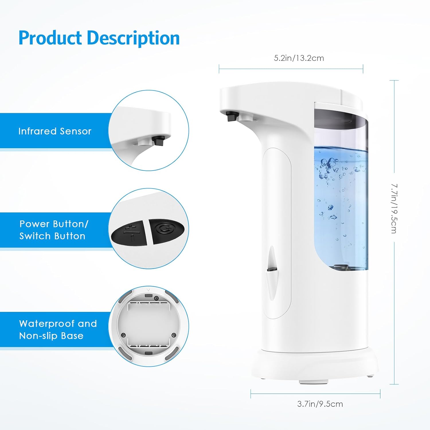 AMIR 12.5oz Touchless Automatic Soap Dispenser, Battery Operated Automatic Liquid Hand Soap Dispenser, Adjustable Volume, Water-Resistant for Kitchen and Bathroom