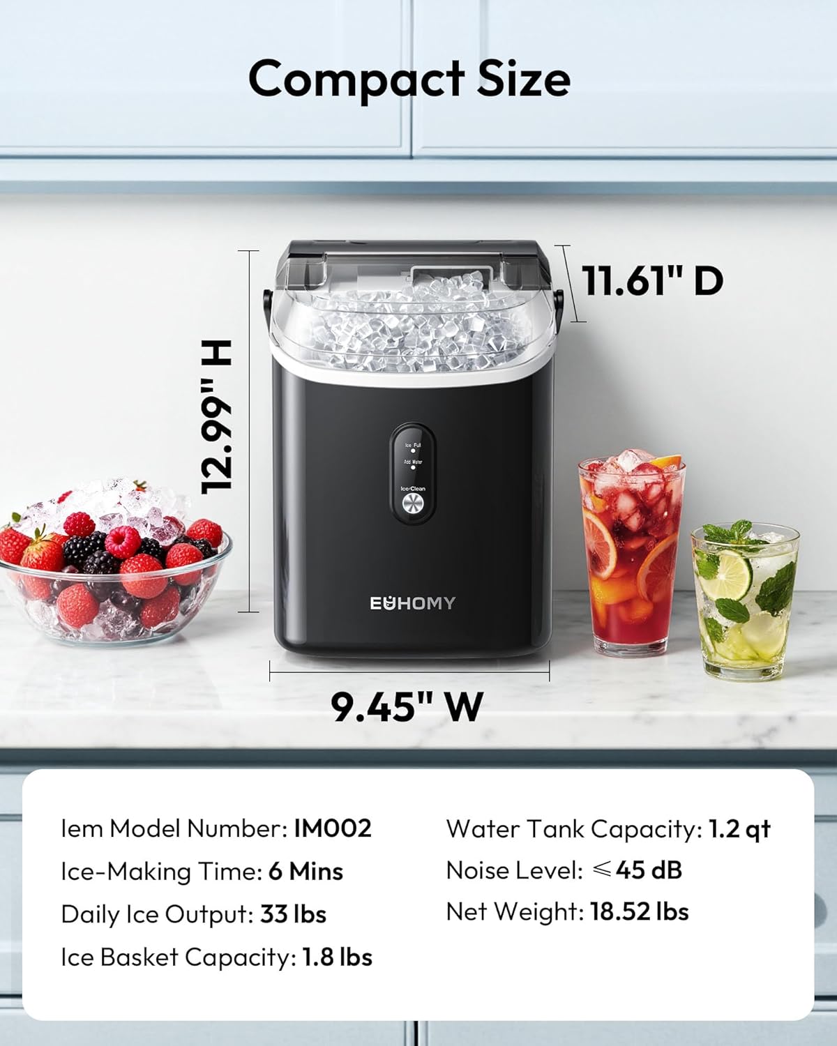 EUHOMY Nugget Ice Maker Countertop with Handle, Ready in 6 Mins, 34lbs Per Day, Removable Top Cover, Auto-Cleaning, Portable Sonic Ice Maker with Basket and Scoop, for Home/Party/RV/Camping (Black)