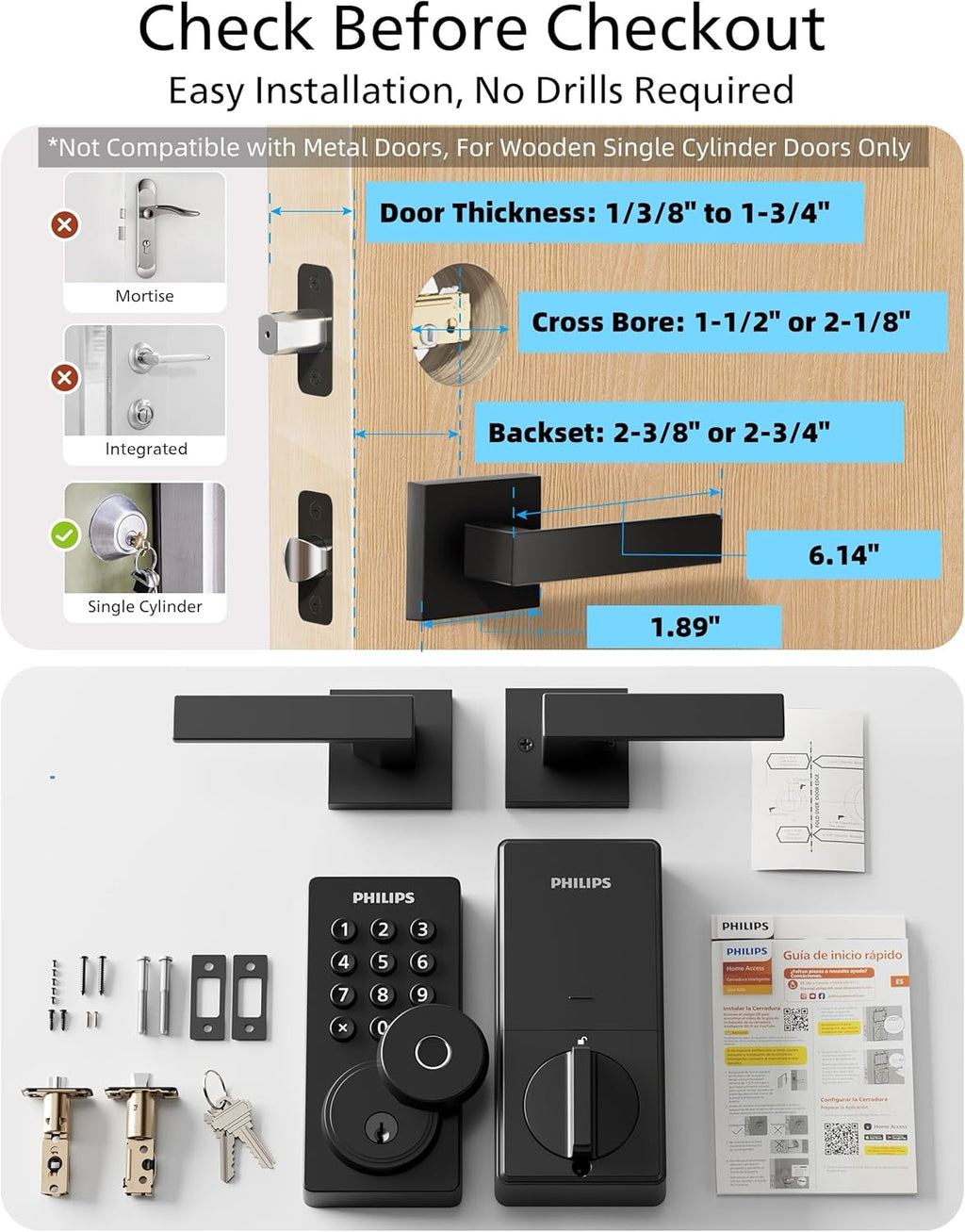 Philips WiFi Keypad Door Lock with Handle, Built-in WiFi, APP Remote Control, Voice & Fingerprint Unlock, Smart Locks for Front Door with Auto Lock, Digital Front Door Lock Set, Keyless Entry Deadbolt