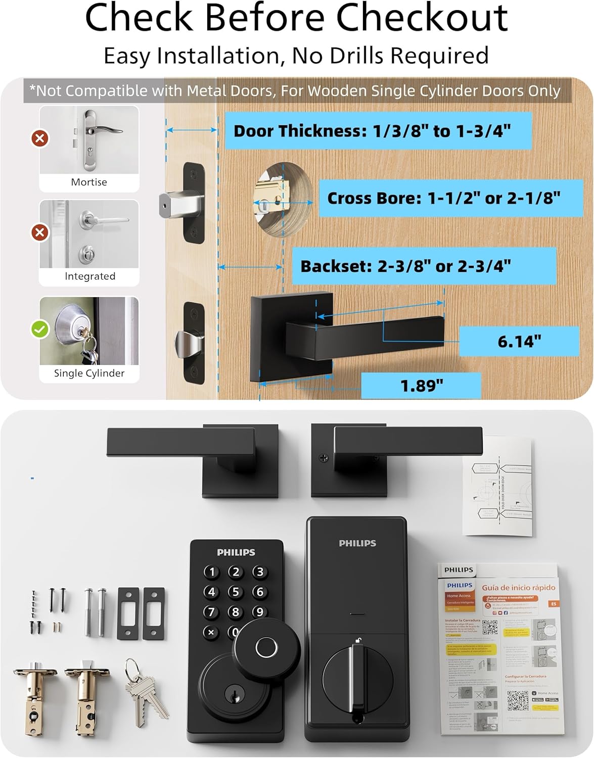 Philips WiFi Keypad Door Lock with Handle, Built-in WiFi, APP Remote Control, Voice & Fingerprint Unlock, Smart Locks for Front Door with Auto Lock, Digital Front Door Lock Set, Keyless Entry Deadbolt
