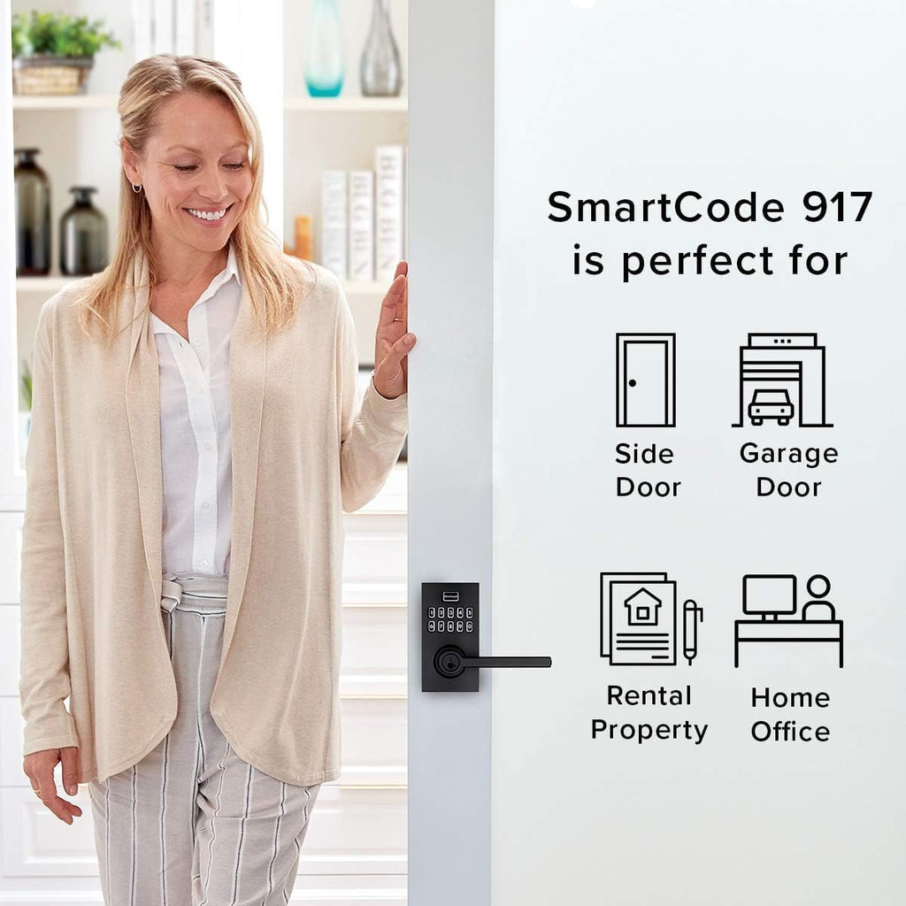 Kwikset SmartCode 917 Keypad Keyless Entry Residential Electronic Lever Lock Deadbolt Alternative with Halifax Door Handle, SmartKey Security, Matte Black Contemporary